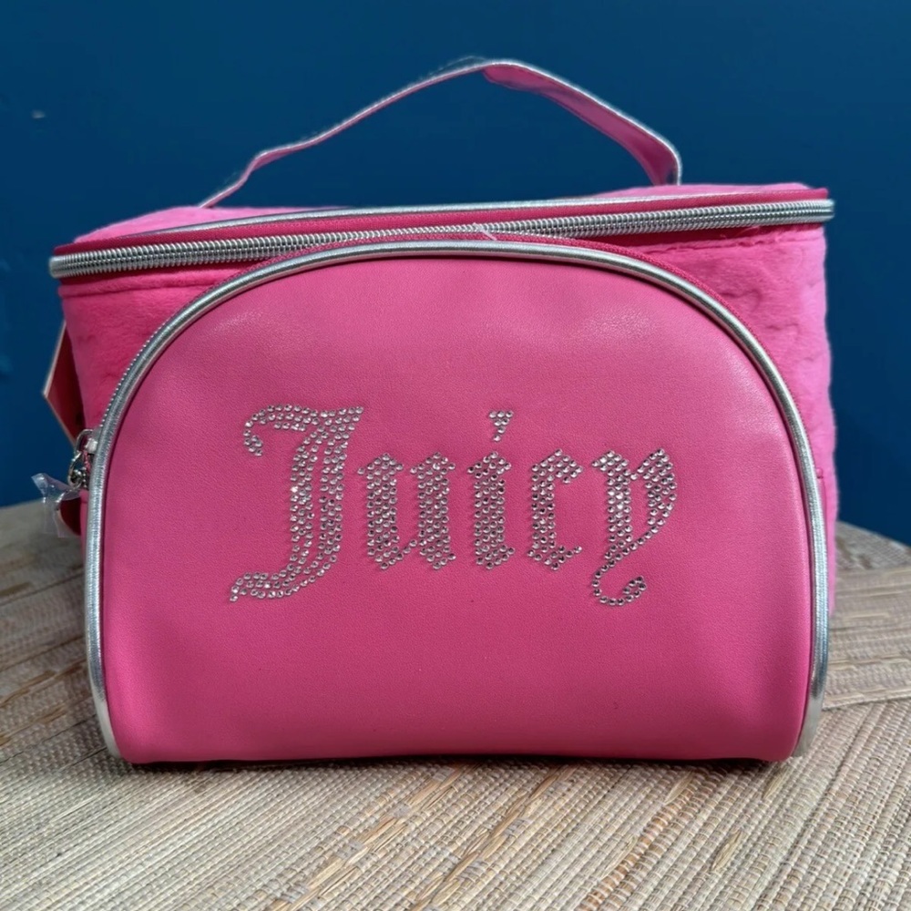 NWT Juicy Couture Pink Rhinestone Makeup Bag Train  Travel Case Hot Pink…